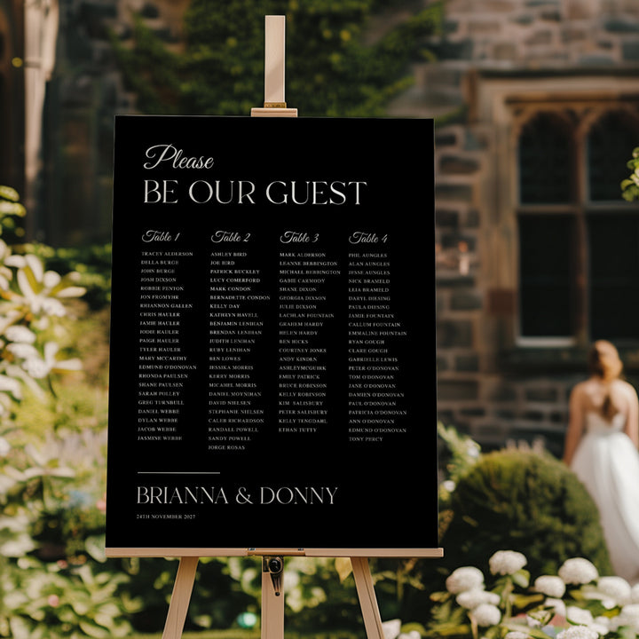 Timeless calligraphy wedding seating chart design and printed in Australia in black and white. Please find your seat.