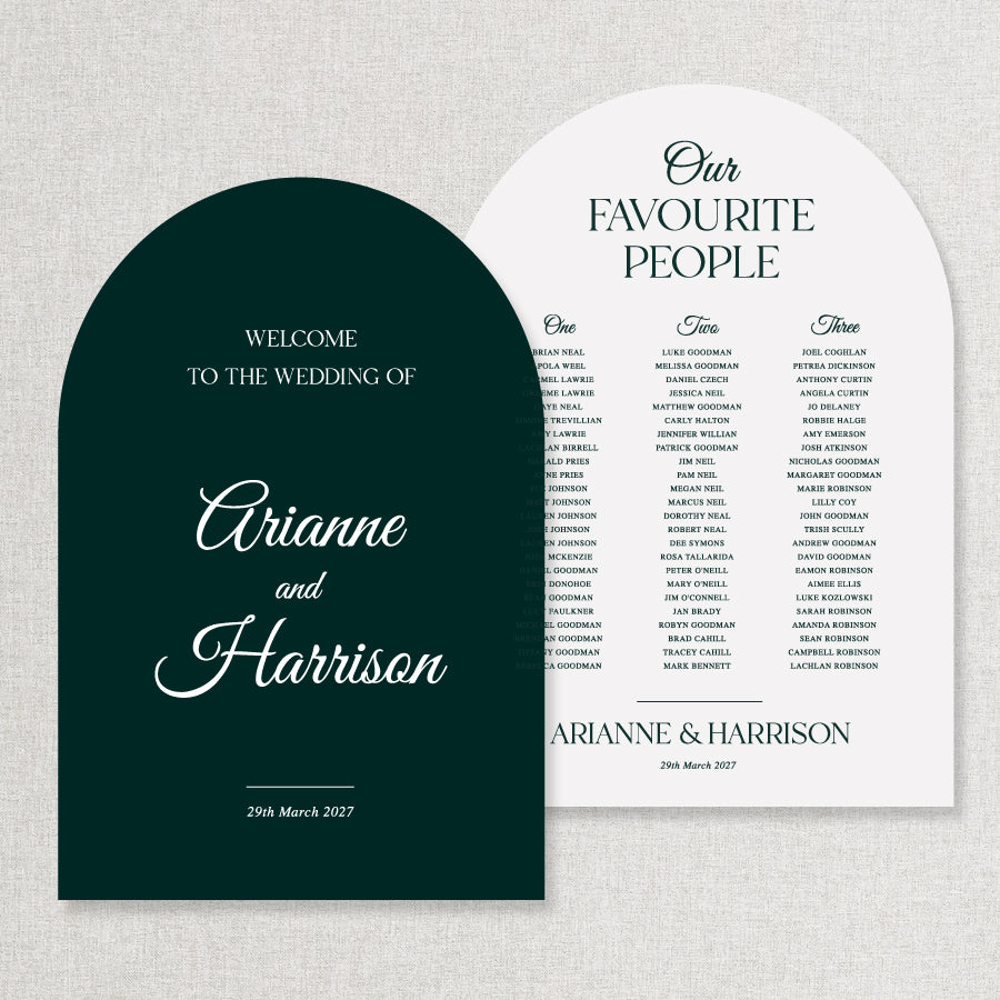 Timeless wedding welcome sign and seating chart in emerald green and white colours. Our Favourite People. Professionally printed discounted sign bundle.