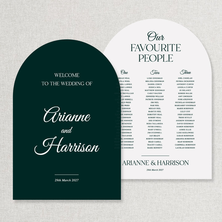 Timeless wedding welcome sign and seating chart in emerald green and white colours. Our Favourite People. Professionally printed discounted sign bundle.