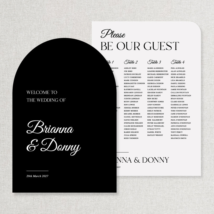 Discounted package wedding welcome sign and seating chart in arch shape and timeless black and white. Professionally printed in Australia.