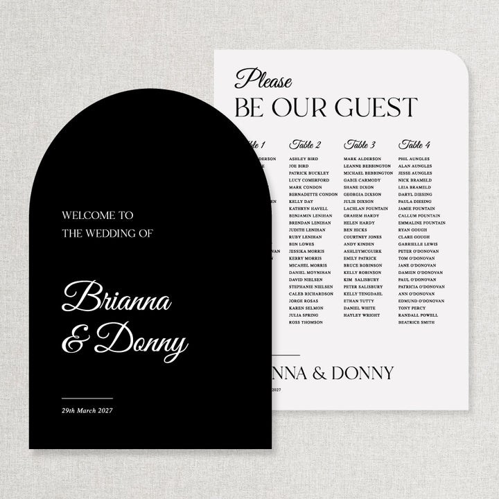 Discounted package wedding welcome sign and seating chart in arch shape and timeless black and white. Professionally printed in Australia.