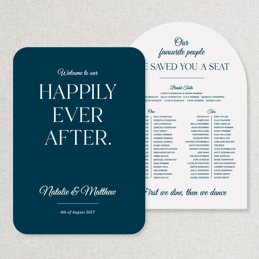 Discounted blue and white wedding sign package including welcome sign and seating chart - Professionally printed in Australia.