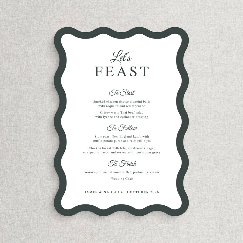 Wavy shape wedding menu in green and white with modern calligraphy.  Printed in Australia by Peach Perfect.
