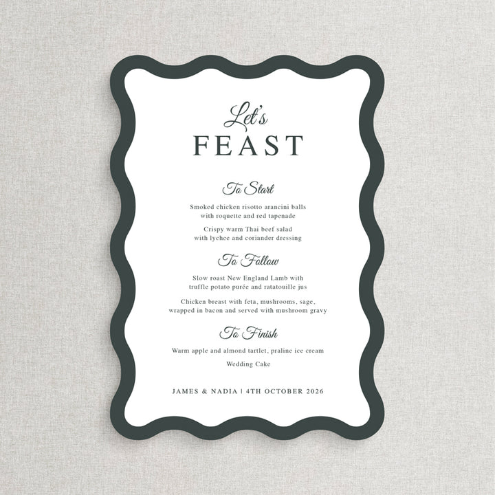 Wavy shape wedding menu in green and white with modern calligraphy.  Printed in Australia by Peach Perfect.