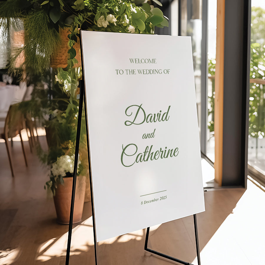 Timeless wedding welcome sign in green and white. Printed in Australia on foamboard or acrylic.