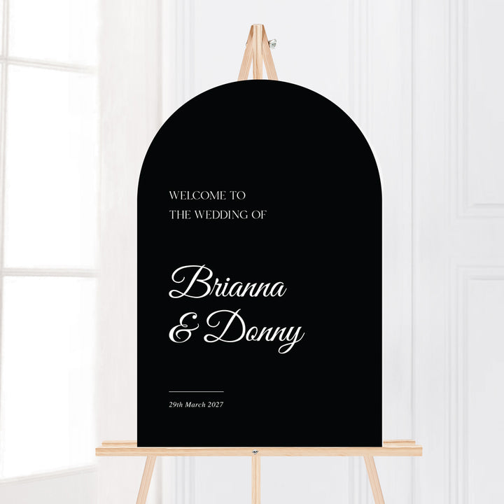 Timeless arch shape wedding welcome sign in black and white. Printed in Australia on foamboard or acrylic.