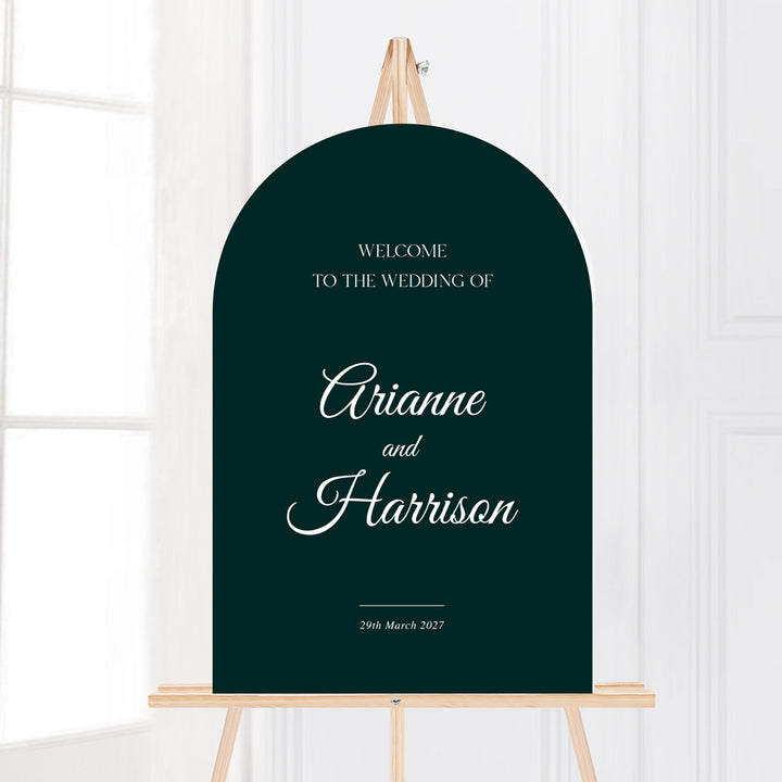Timeless arch shape wedding welcome sign in emerald green and white. Printed in Australia on foamboard or acrylic.