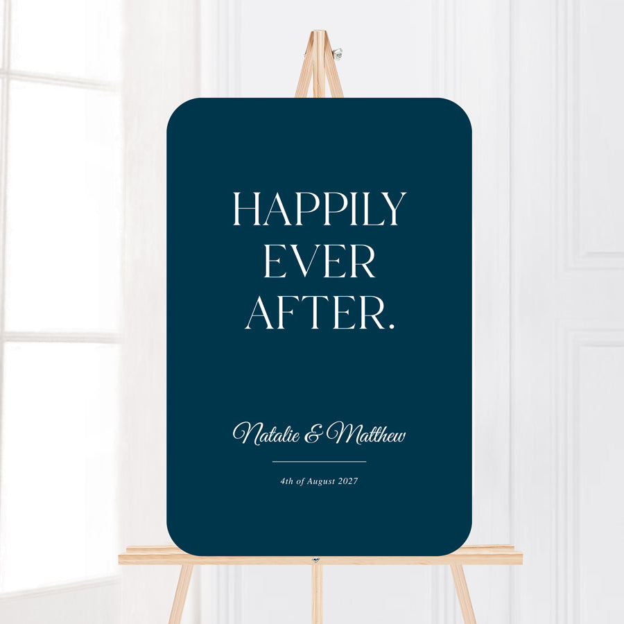 Traditional wedding welcome sign in navy blue and white. Printed in Australia on foamboard or acrylic by Peach Perfect.