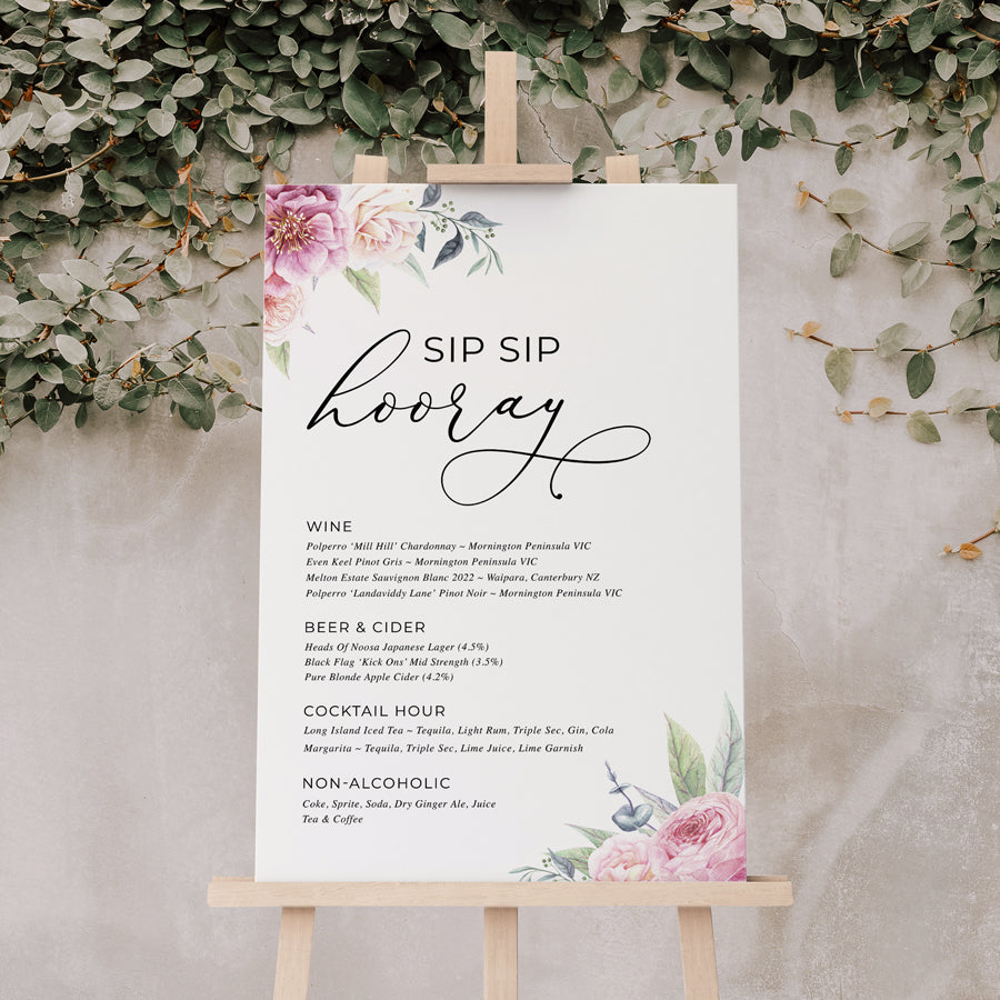 Wedding bar sign board or cocktail sign, signature cocktails. Pink watercolour flowers and calligraphy font.