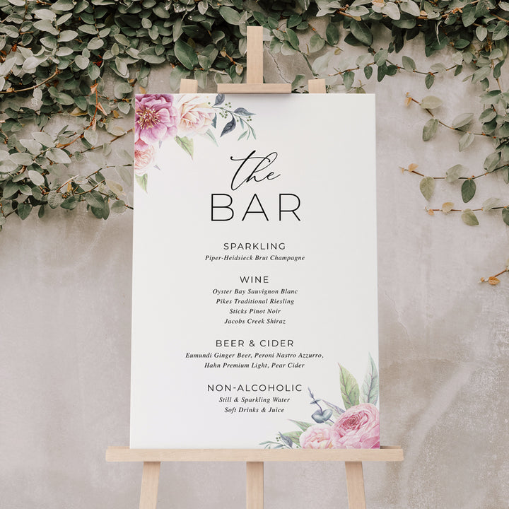 Wedding bar sign board or cocktail sign, signature cocktails. Pink watercolour flowers and calligraphy font.