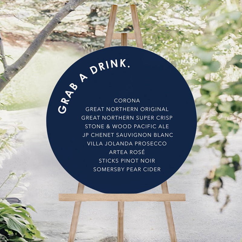 Round wedding bar sign printed on premium PVC Foamboard or Acrylic in navy blue and white. Peach Perfect Australia.
