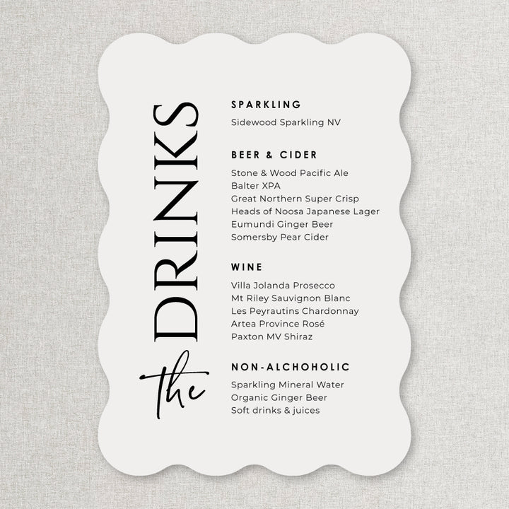 Wedding bar or drinks sign in modern fonts designed and printed in Australia. Black and White Acrylic.