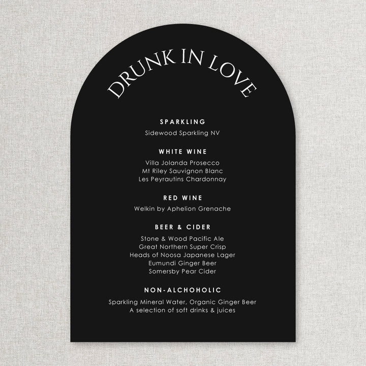 Wedding bar or drinks sign in modern fonts designed and printed in Australia. Drunk In Love heading.