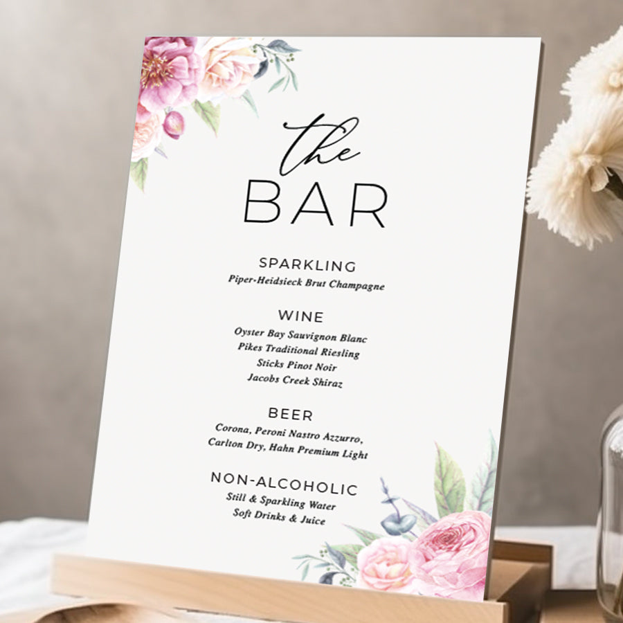Beautiful floral wedding or event bar sign with pink flowers and modern calligraphy font. Peach Perfect Australia.