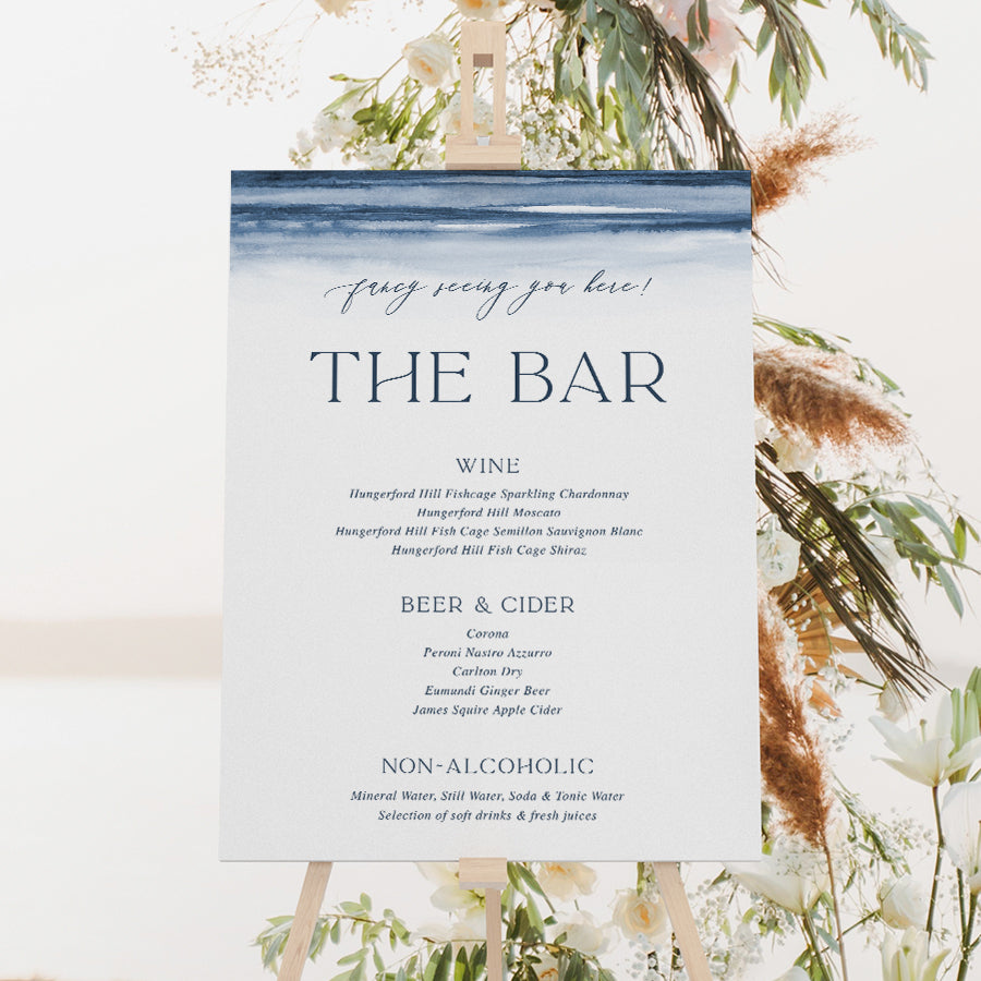 Beautiful wedding bar sign with watercolour navy blue wash printed on foamboard or acrylic in Australia. Peach Perfect Stationery.