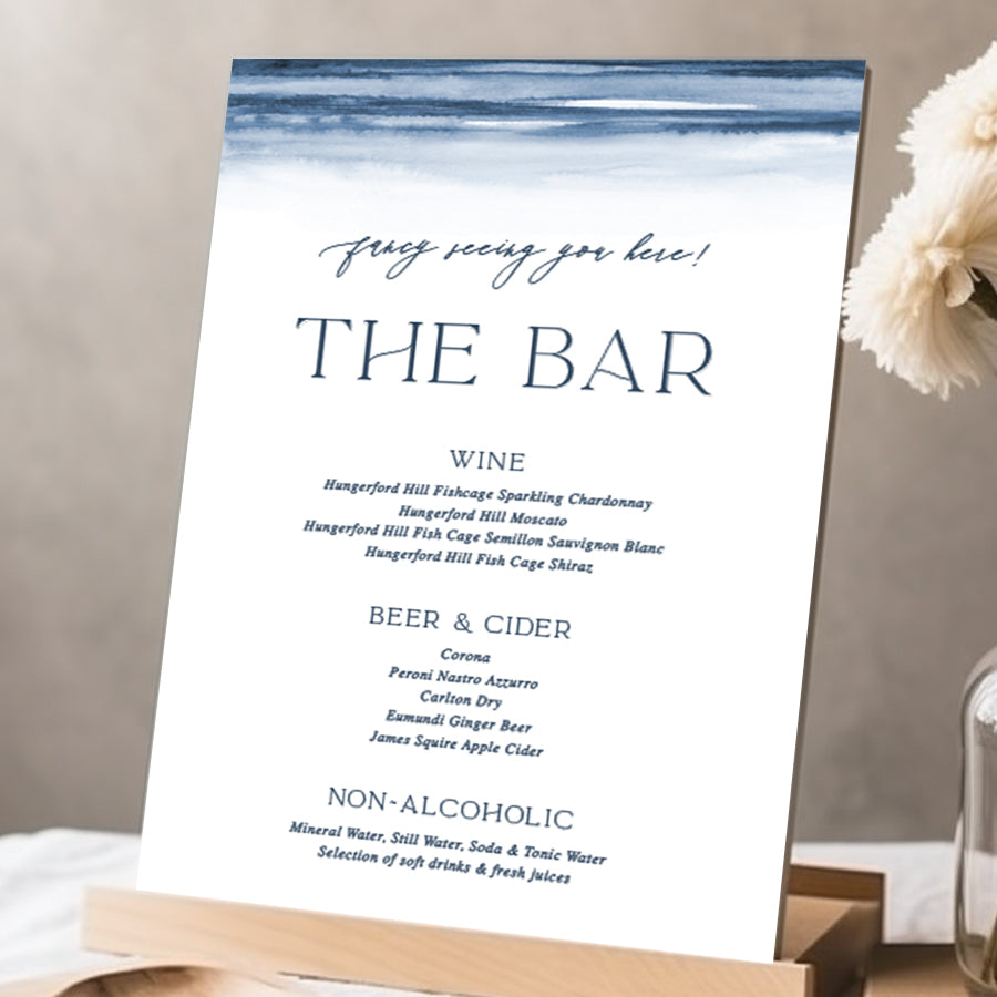 Beautiful wedding bar sign on table stand with watercolour navy blue wash printed on foamboard or acrylic in Australia. Peach Perfect Stationery.