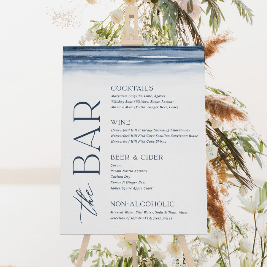 Beautiful wedding bar sign with watercolour navy blue wash printed on foamboard or acrylic in Australia. Peach Perfect Stationery.