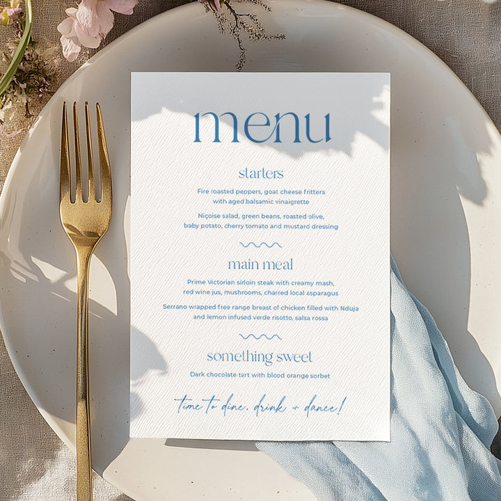White wedding menu with blue ink and guest name printing Australia.