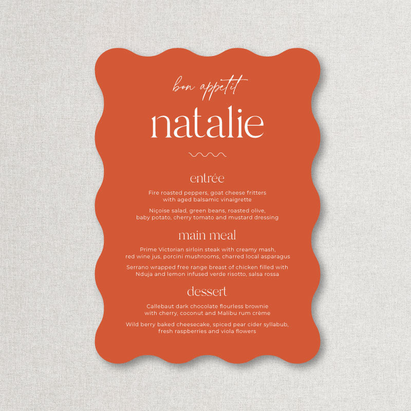 Wave wiggly shape urnt orange and white wedding menu with blue ink and guest name printing Australia.