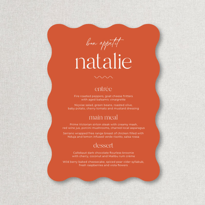 Wave wiggly shape urnt orange and white wedding menu with blue ink and guest name printing Australia.