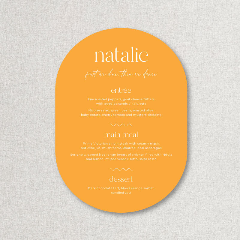 Wedding menu cut to double arch shape with guest names and heading, first we dine then we dance in yellow and white
