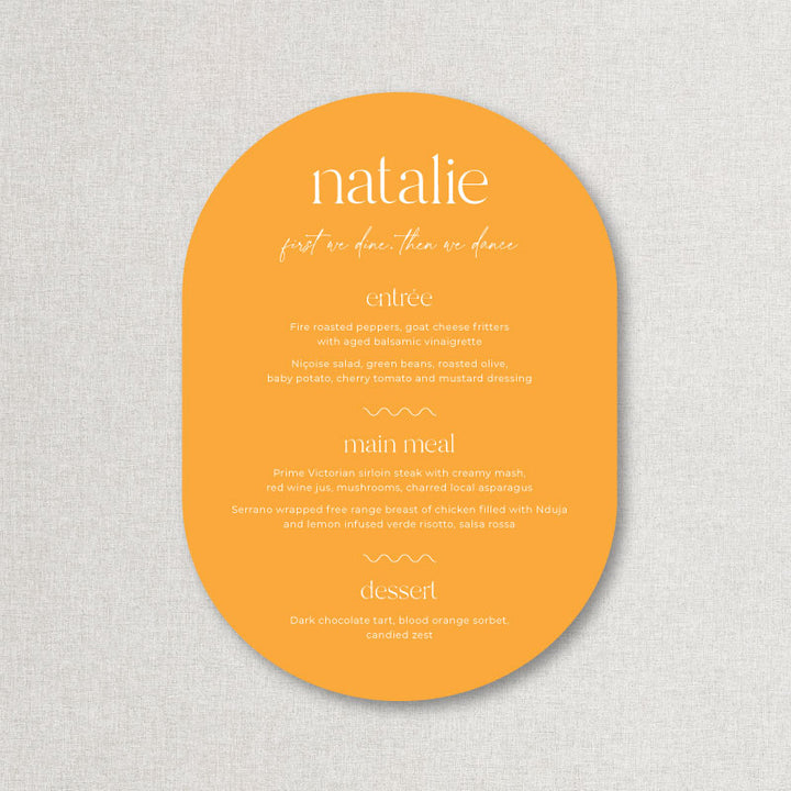 Wedding menu cut to double arch shape with guest names and heading, first we dine then we dance in yellow and white
