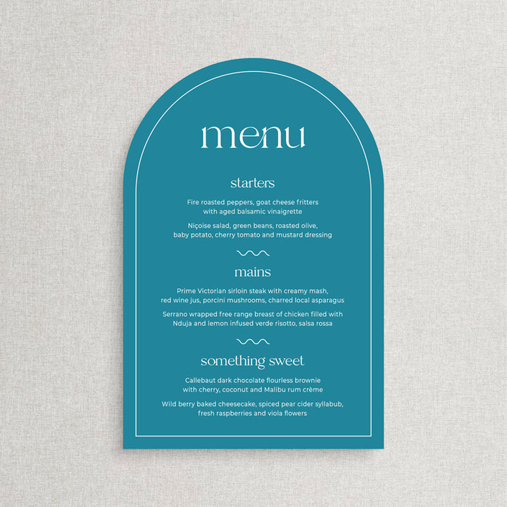 Modern arch shape wedding menu in sea green with round place cards. Printed in Australia by Peach Perfect.
