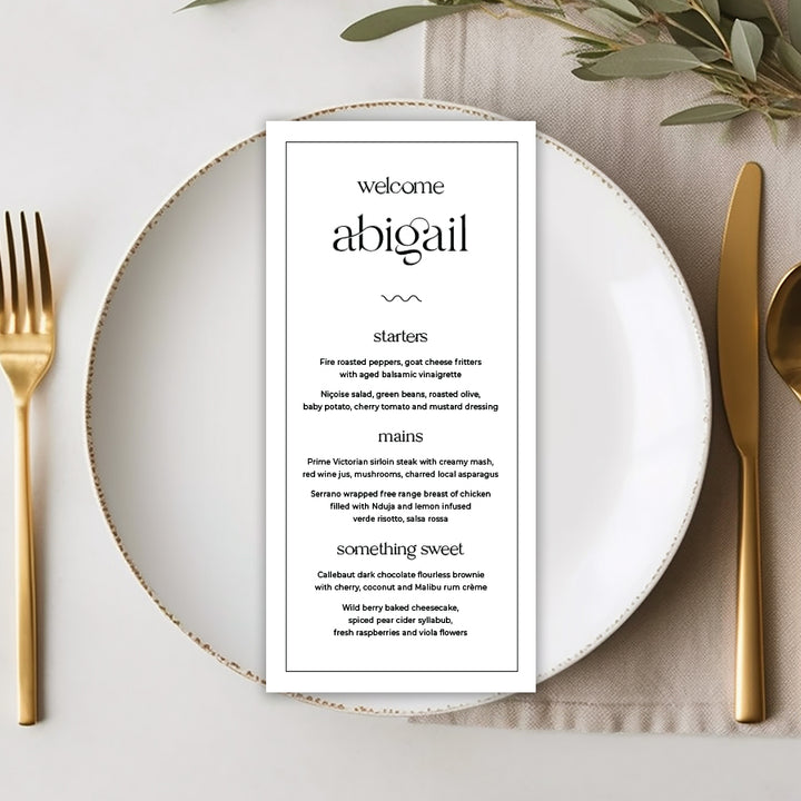 affordable modern wedding menu with border and guest names printing. Australia shipping.