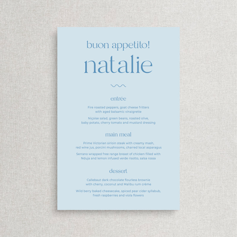 modern sky blue wedding menu with bon appetit heading. Printed in Australia by Peach Perfect.
