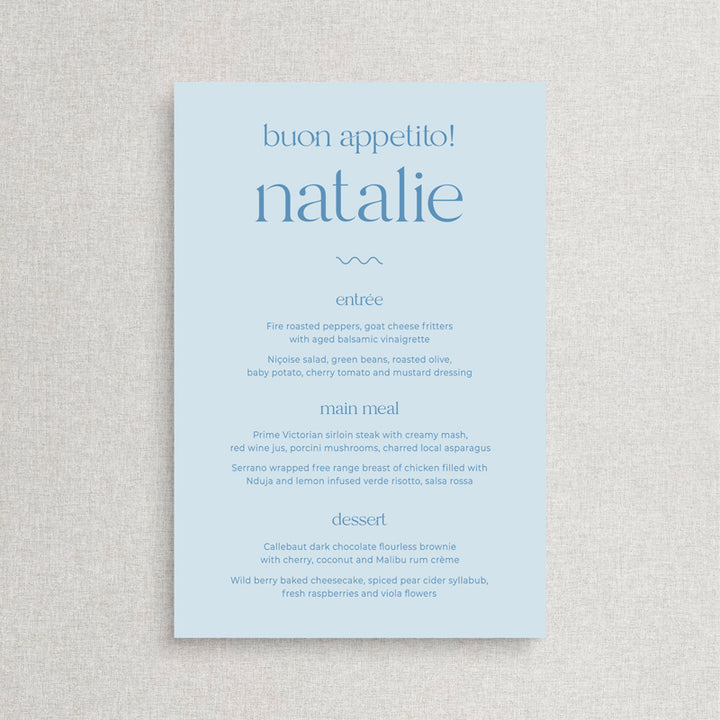 modern sky blue wedding menu with bon appetit heading. Printed in Australia by Peach Perfect.
