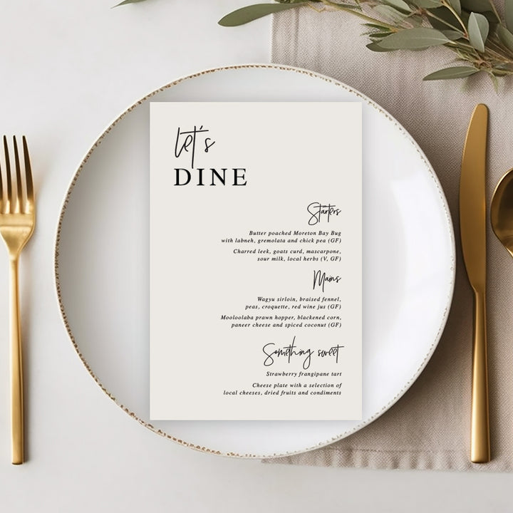 Arch wedding menu, modern font styles with guest name printing on almond or cream card. Printed in Australia by Peach Perfect Stationery.