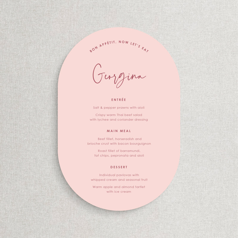 Double arch rounded shape wedding menu is soft pink colours with guest names. Designed and Printed in Australia.