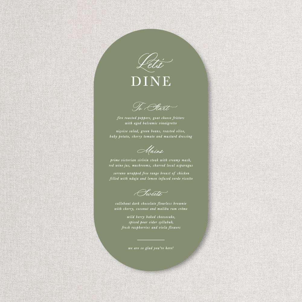 Green and white DL double arch shape wedding menu using romantic calligraphy and printed in Australia