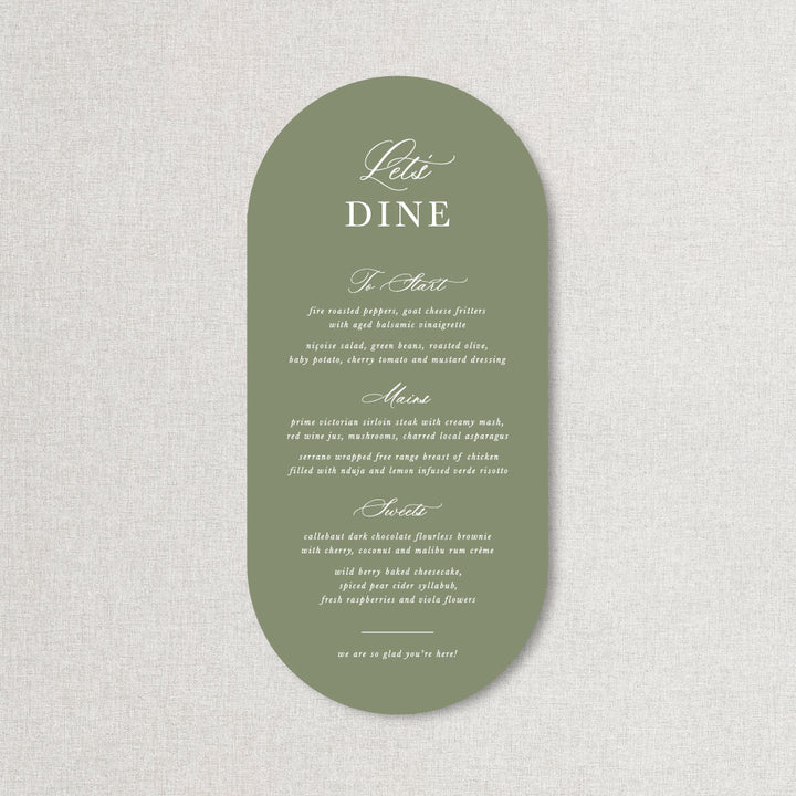 Green and white DL double arch shape wedding menu using romantic calligraphy and printed in Australia