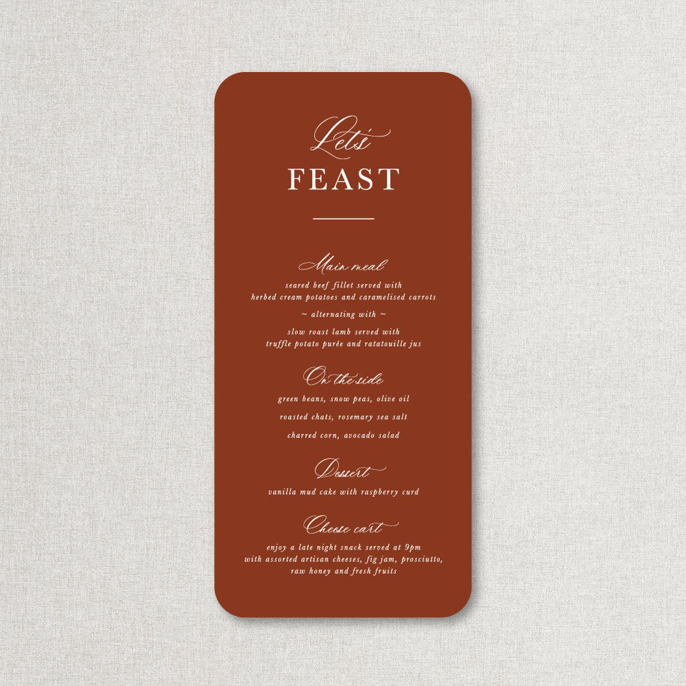 monogram wedding menu in terracotta red and white with rounded corners, Lets Feast heading