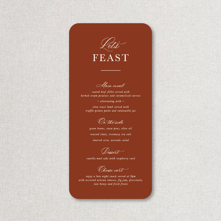 monogram wedding menu in terracotta red and white with rounded corners, Lets Feast heading