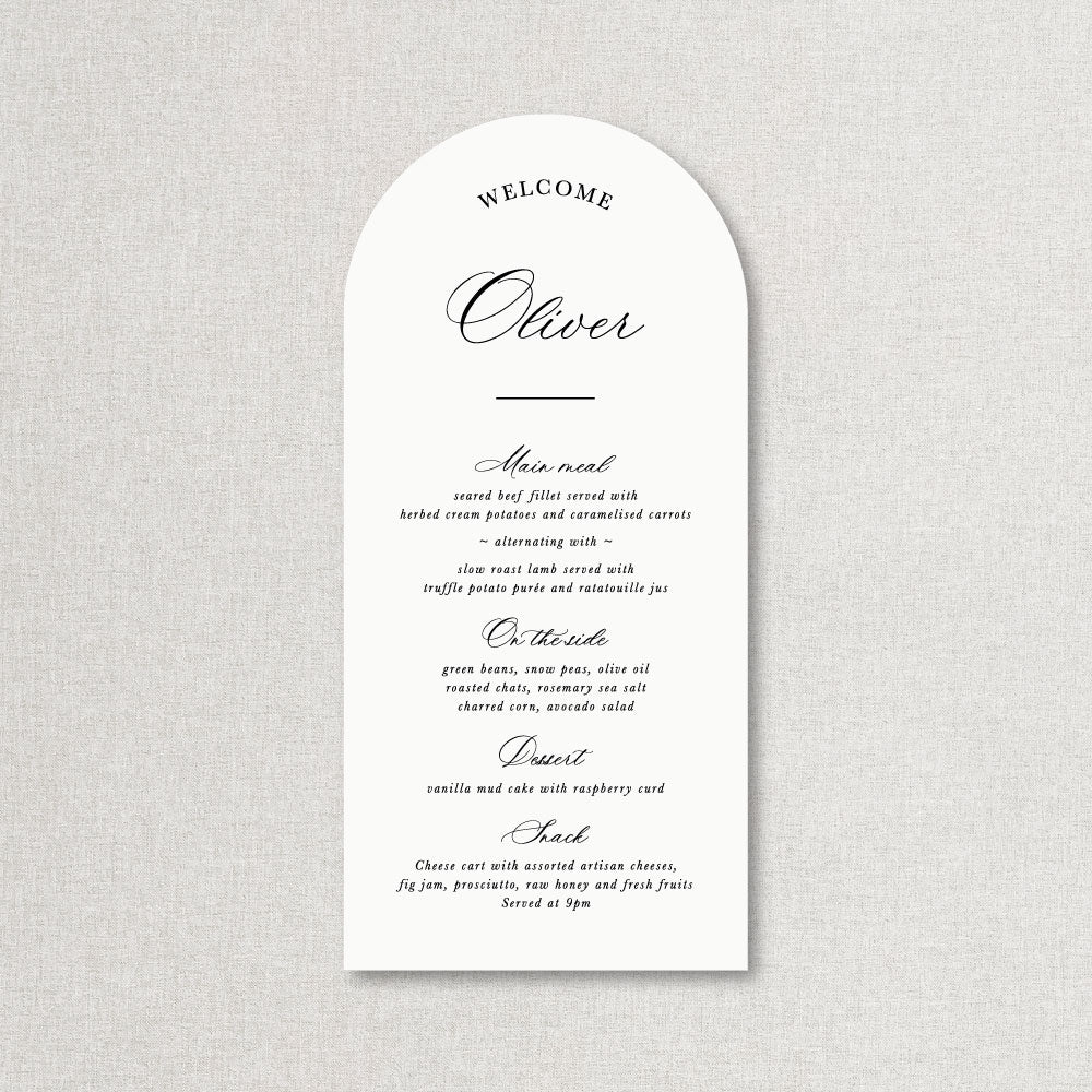 Black and white calligraphy skinny arch wedding menu with guest names printed, designed and printed in Australia by Peach Perfect
