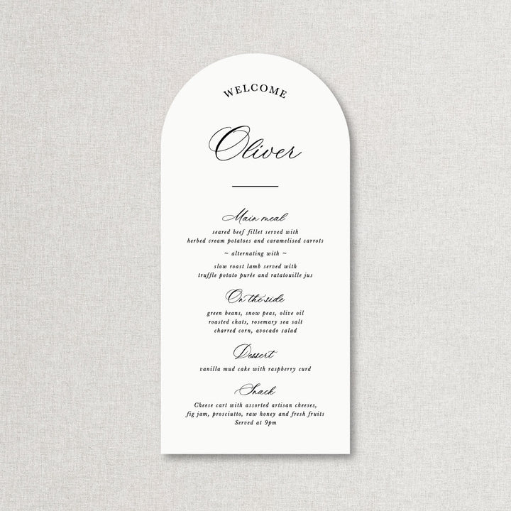 Black and white calligraphy skinny arch wedding menu with guest names printed, designed and printed in Australia by Peach Perfect