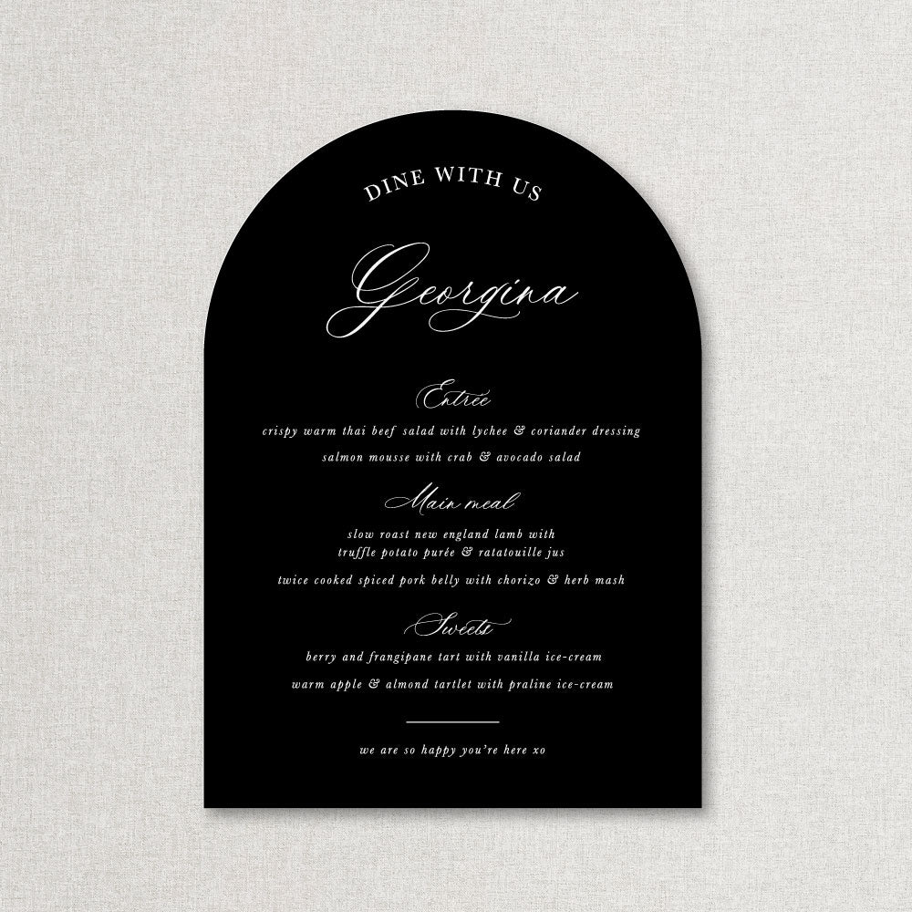 Arch shape romantic monogram wedding menu, white ink on black card, designed and printed in Australia