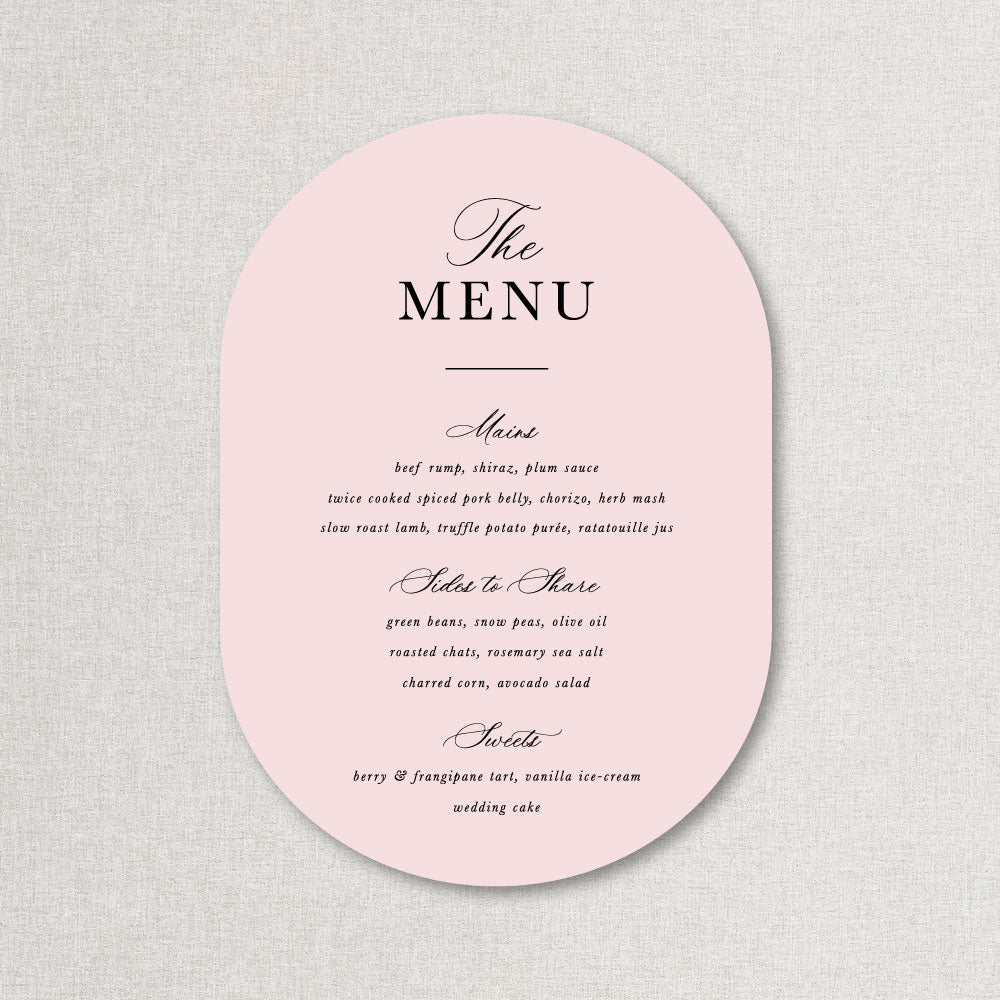Calligraphy monogram wedding menu in soft pink with black text, designed and printed in Australia. Double arch shape