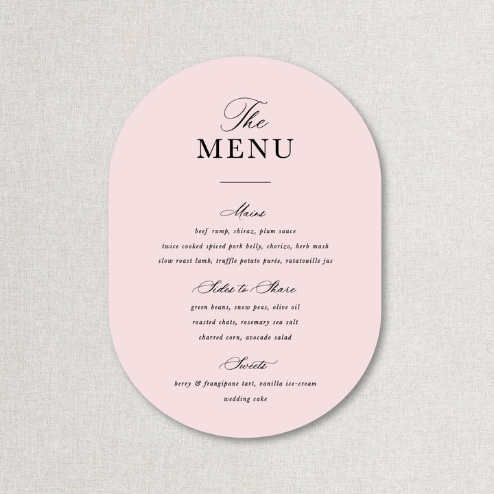 Calligraphy monogram wedding menu in soft pink with black text, designed and printed in Australia. Double arch shape