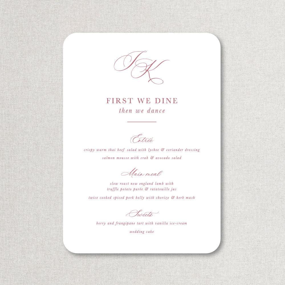 Calligraphy monogram wedding menu in dusty pink and white with rounded corners, designed and printed in Australia
