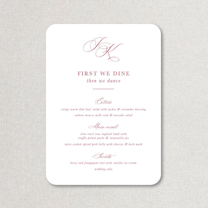 Calligraphy monogram wedding menu in dusty pink and white with rounded corners, designed and printed in Australia