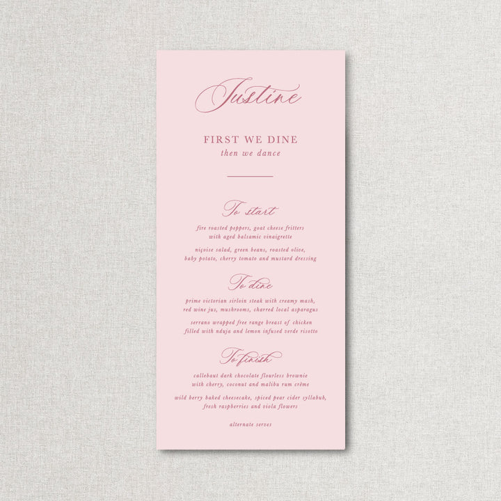 Blossom pink wedding menu with guest names and romantic calligraphy. First we dine heading, printed in Australia