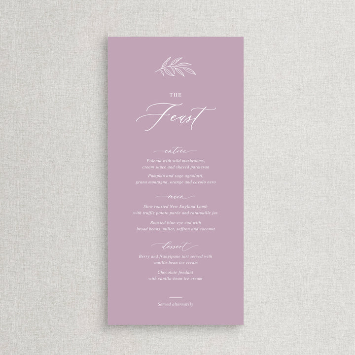 Mauve wedding menu with traditional calligraphy font and hand drawn leaf detail. Peach Perfect Australia.