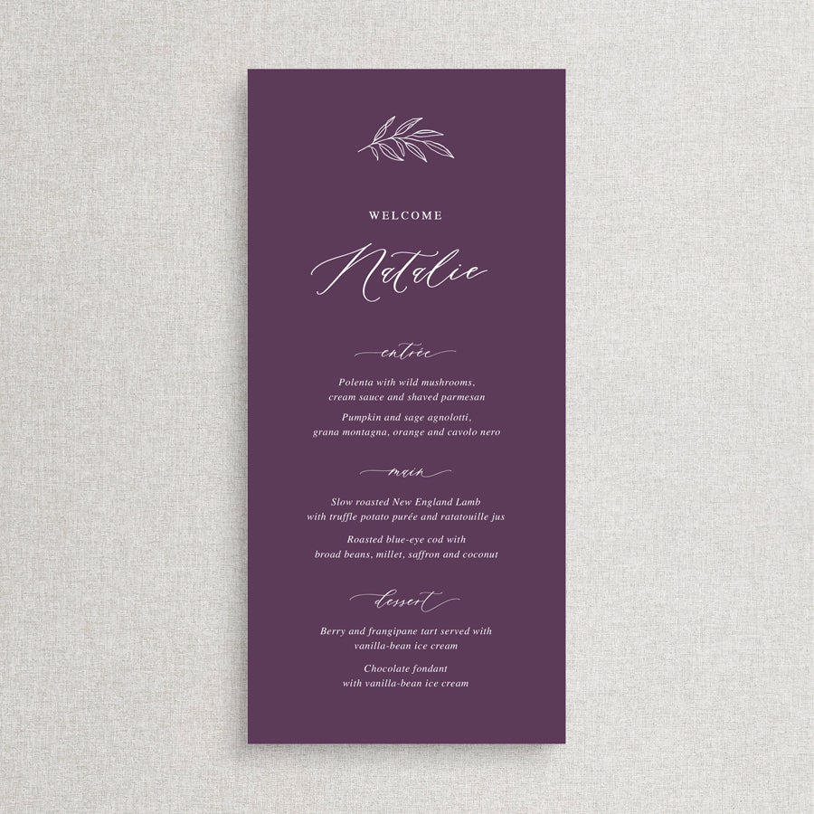 Blackcurrant wedding menu with traditional calligraphy font and hand drawn leaf detail. Peach Perfect Australia.