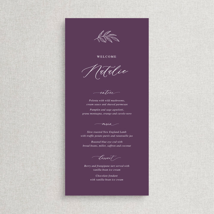 Blackcurrant wedding menu with traditional calligraphy font and hand drawn leaf detail. Peach Perfect Australia.