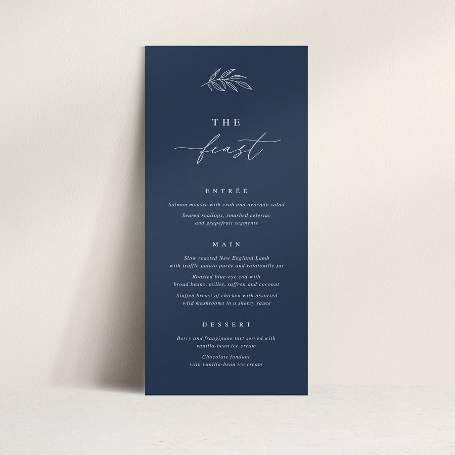 Wedding menu with traditional calligraphy font and hand drawn leaf detail with guest name printing. Peach Perfect Australia.