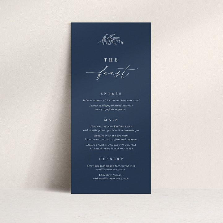 Wedding menu with traditional calligraphy font and hand drawn leaf detail with guest name printing. Peach Perfect Australia.