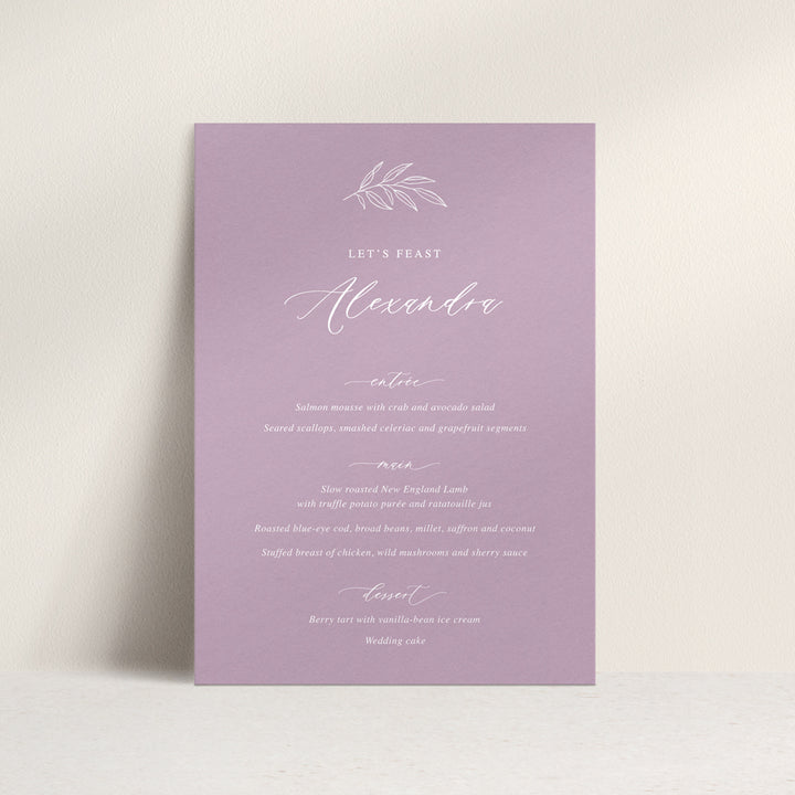 Mauve purple wedding menu with traditional calligraphy font and hand drawn leaf detail. Peach Perfect Australia.
